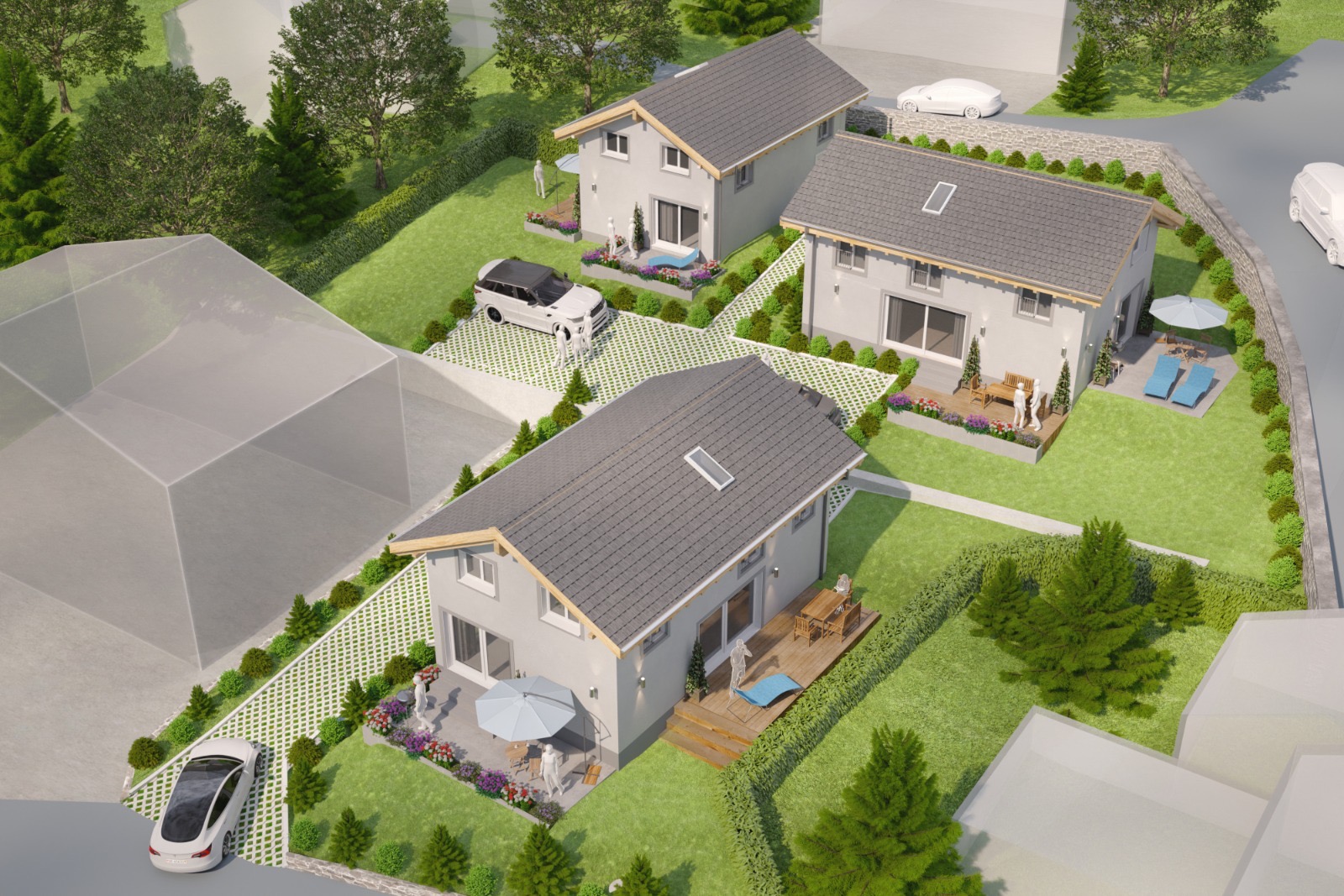 Vue aérienne des trois villas Les Ruches